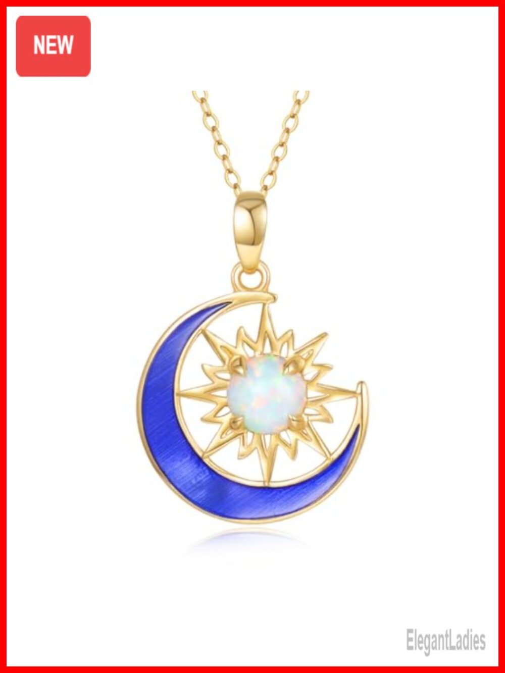 14K Solid Gold Opal Sun Moon Pendant Necklace 16-18"